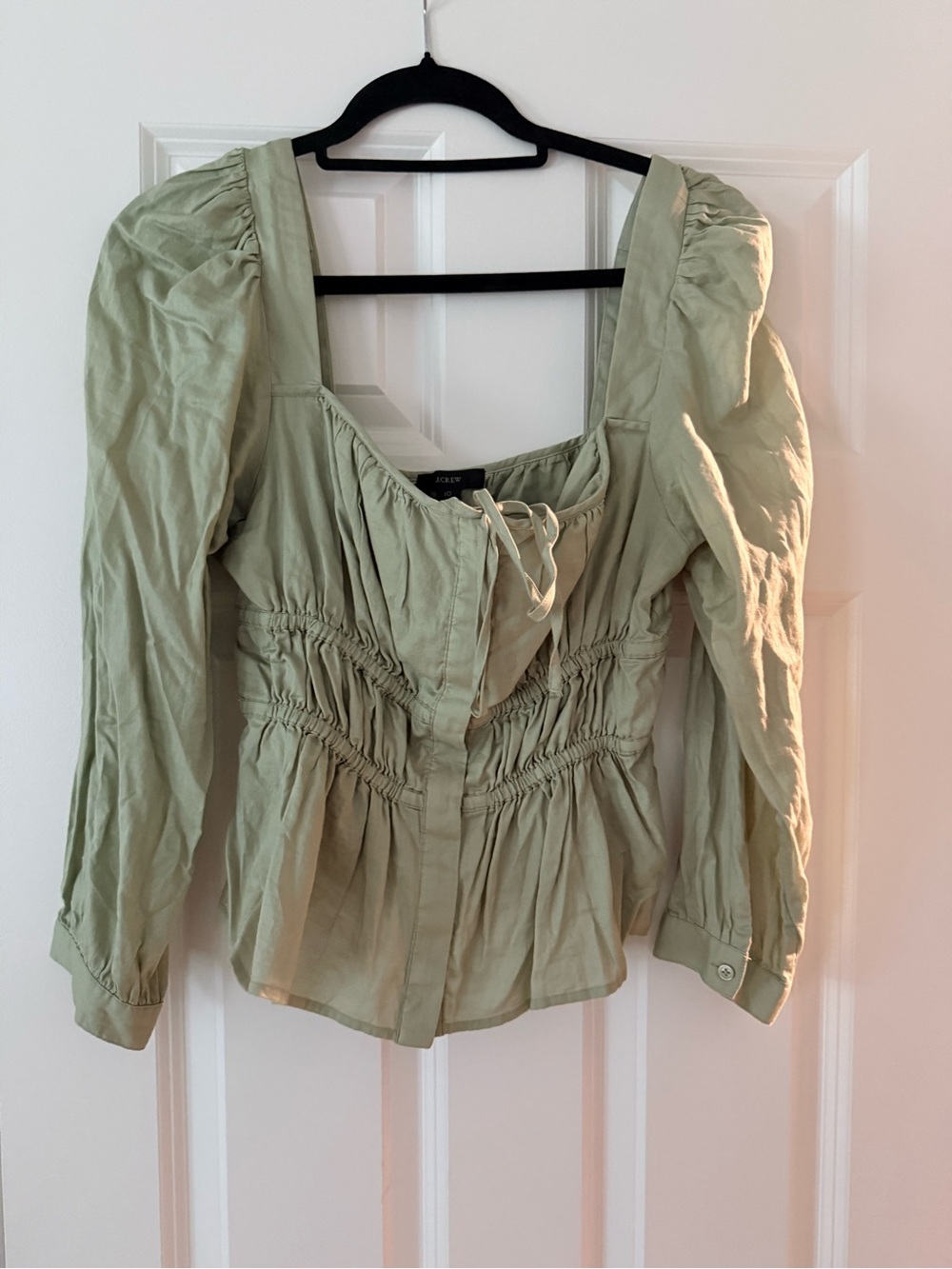 J. Crew Sage Green Tie-Neck Peasant Top